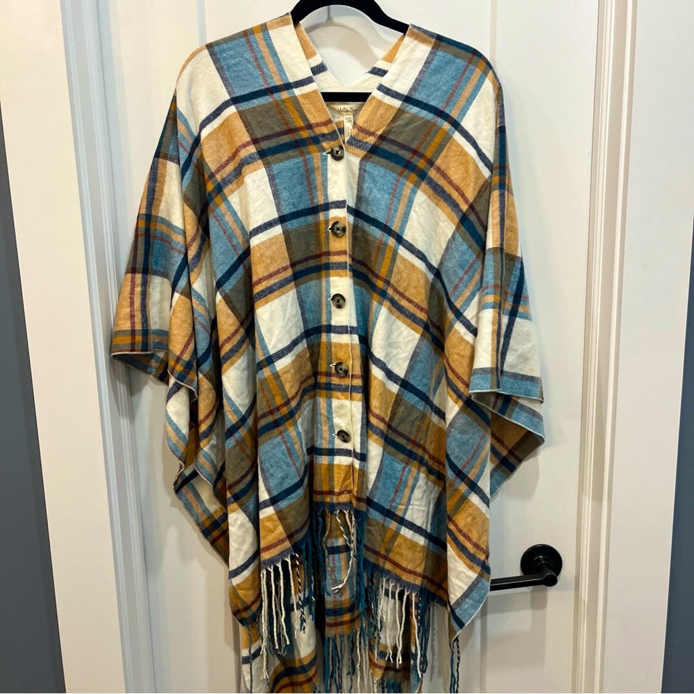 Matilda Jane Just Imagine Paige Women’s Windowpane Plaid Tasseled Ruana OS NWT